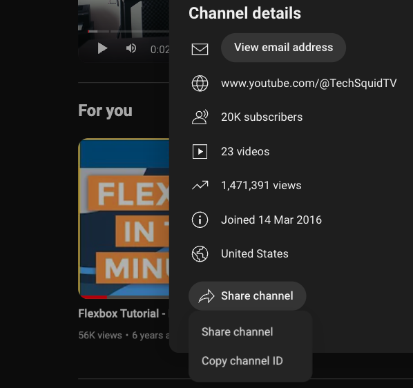 YouTube about section with the Share channel button clicked, showing the Copy Channel ID button in a sub-menu