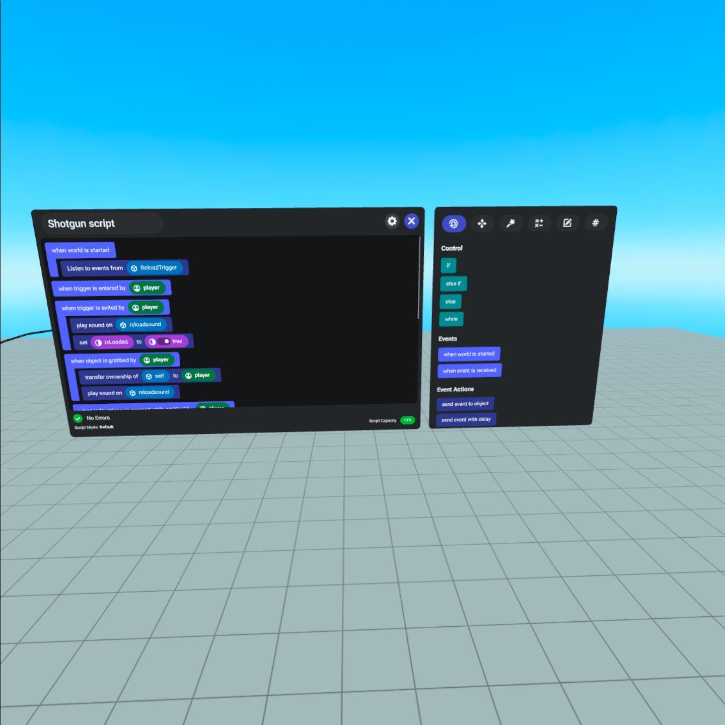 Horizon Worlds drag-and-drop script building interface