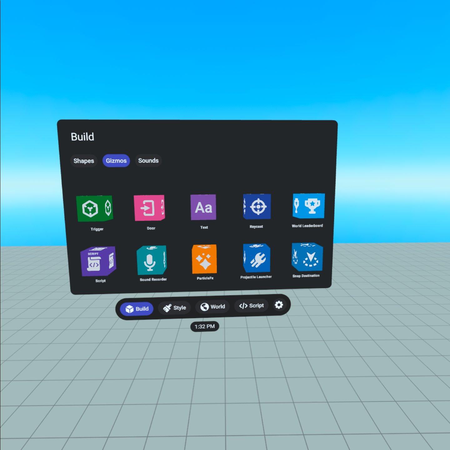 Horizon Worlds gizmos menu