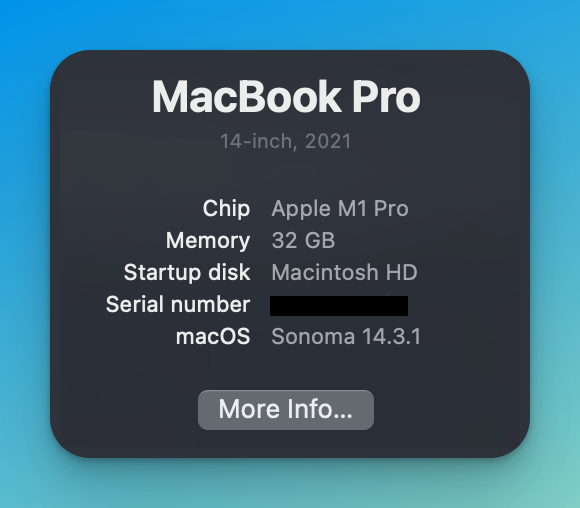 about this mac specs, including the OS version, amount of memory, and processor