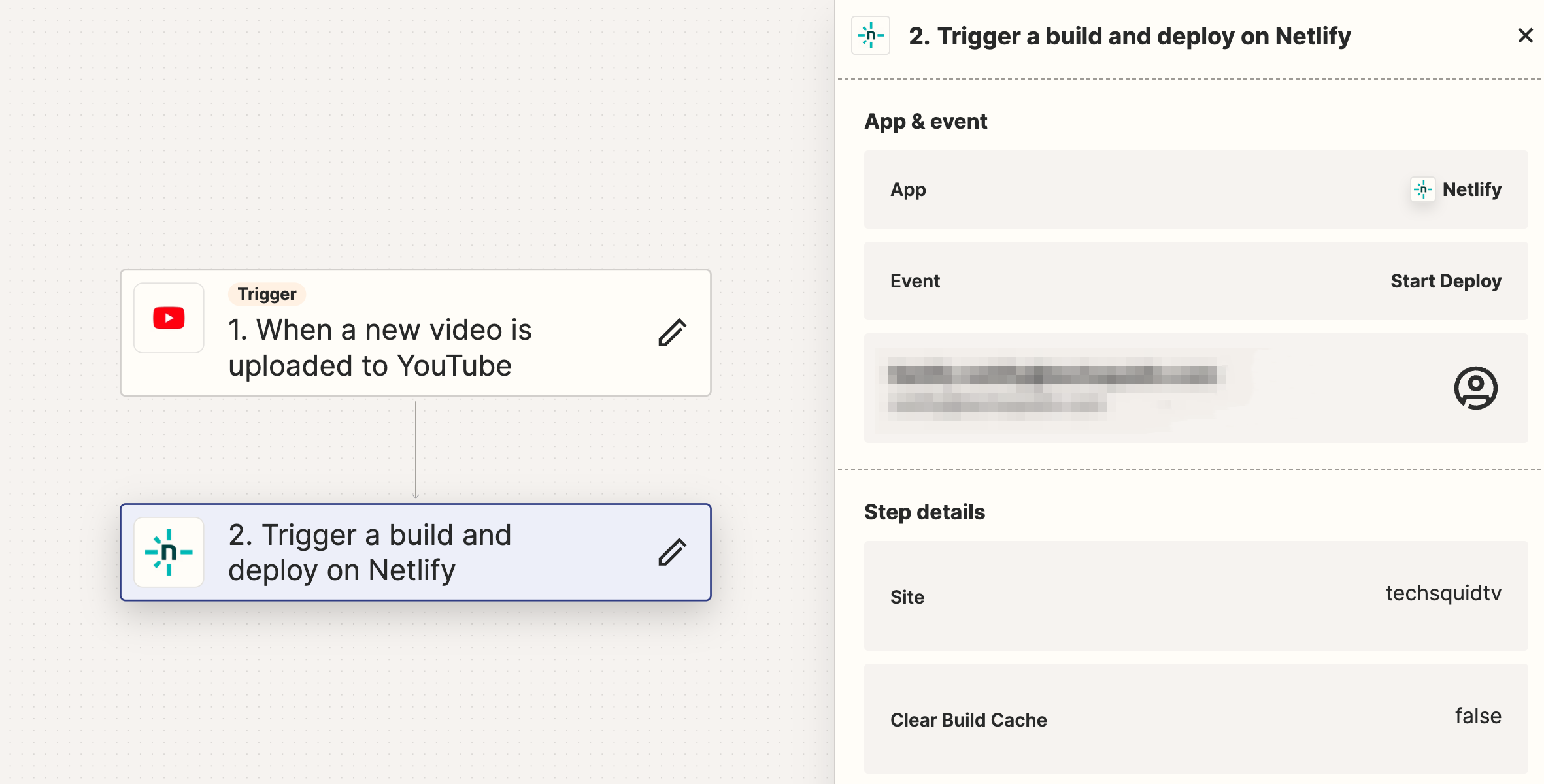 Zapier new video trigger connected to Netlify build hook action