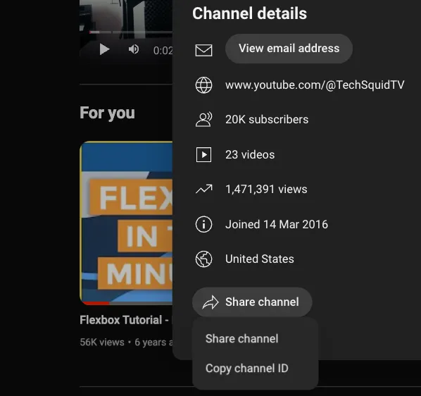 YouTube about section with the Share channel button clicked, showing the Copy Channel ID button in a sub-menu
