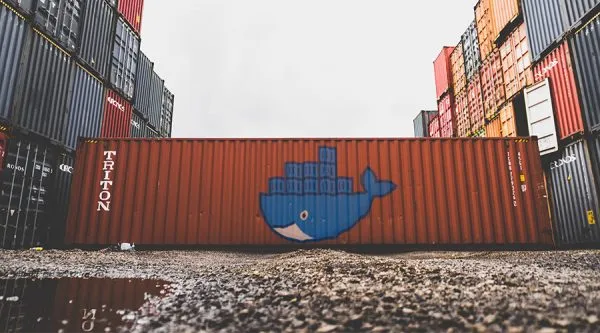 A shipping container with the Docker logo on it