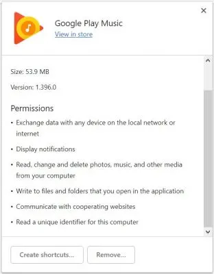Google Play Music Permissions Panel in Google Chrome