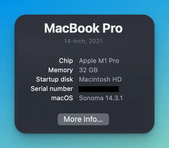 about this mac specs, including the OS version, amount of memory, and processor
