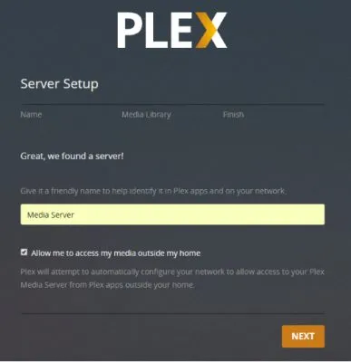 Plex server setup screen