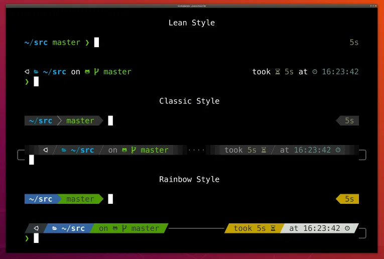 A themed terminal showing the multiple styles offered by PowerLevel10K