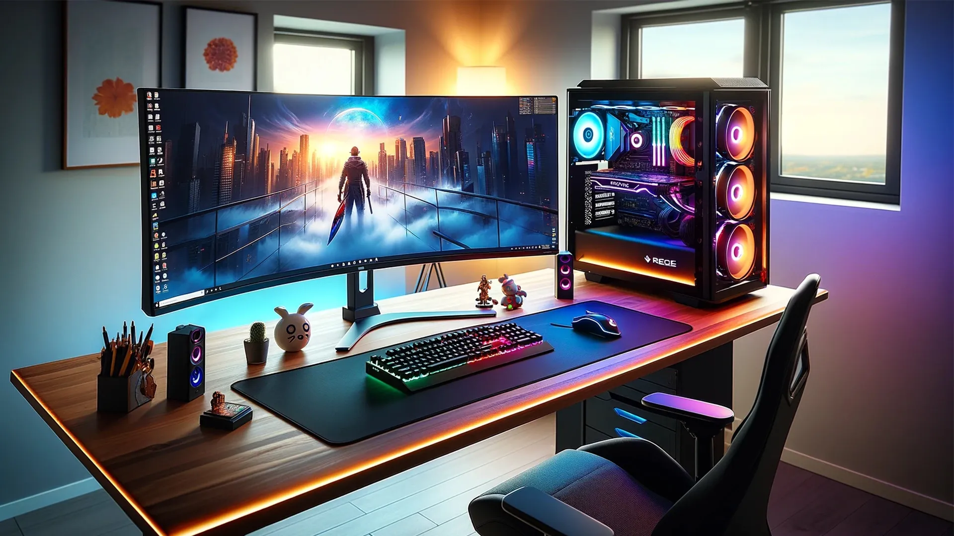 A glowing gaming PC with three front LED fans, and glass case sits next to an ultra-wide monitor on top of a walnut standing desk. This image was AI generated.