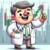 An ai generated cartoonish doctor with stock bar charts behind him