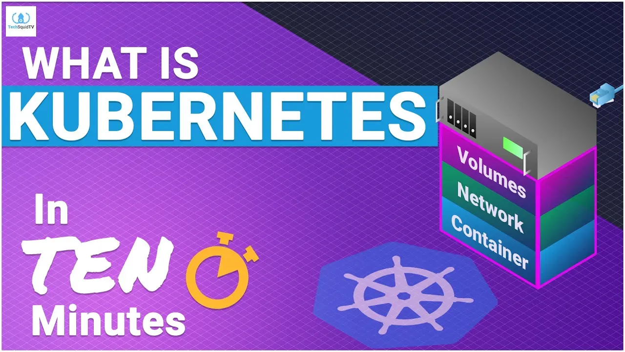 The YouTube thumbnail for TechSquidTV's Kubernetes in 10 minutes video.